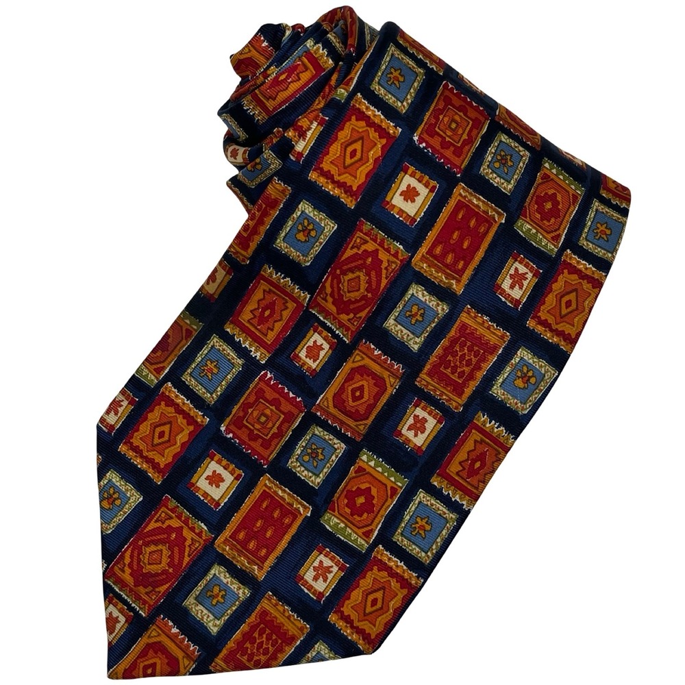 Gian Marco Venturi Silk Tie Necktie Mens Blue Orange Geometric Rug Pattern Italy - Picture 1 of 7